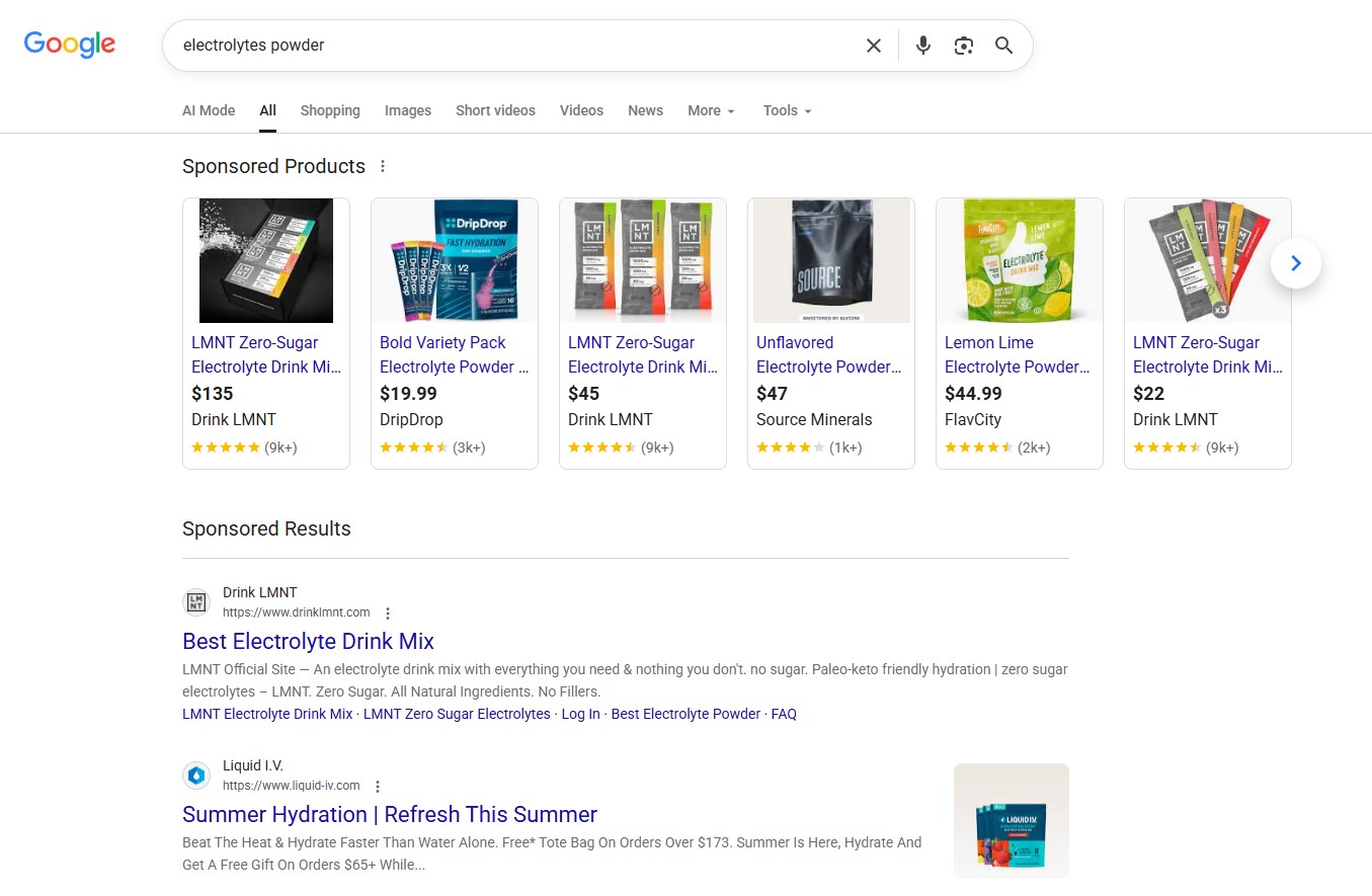 Google search results for electrolytes powder